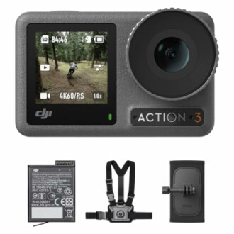 Action camera with screen displaying biker, battery, chest mount, and adhesive mount.