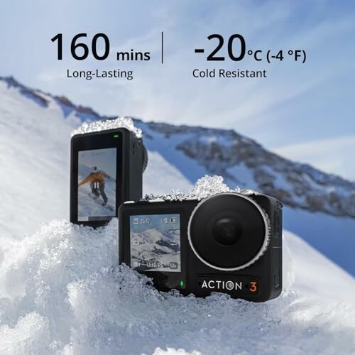 Action camera in snow showcasing durability and cold resistance features.