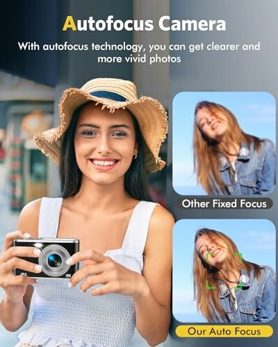 Woman holding camera with autofocus technology comparison.