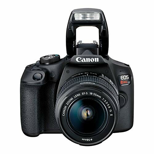 Canon EOS Rebel T7 DSLR camera with lens and flash