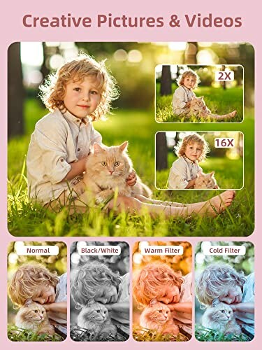 Child sitting on grass with a cat, showcasing photo filters and zoom options.