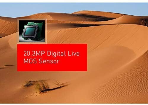 Desert dunes with digital sensor overlay text: 20.3MP Digital Live MOS Sensor.