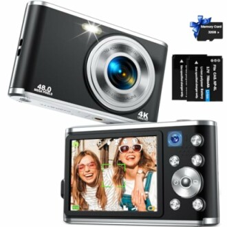 Digital camera with memory card and dual screen display.