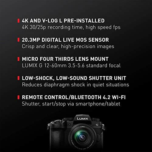 Lumix camera features: 4K recording, 20.3MP sensor, Micro Four Thirds lens, low-shock shutter, remote control Wi-Fi.