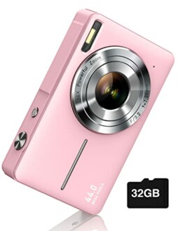 Pink digital camera with 32GB memory card.