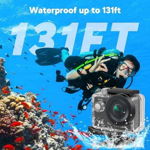 Scuba diver with waterproof camera up to 131ft underwater.